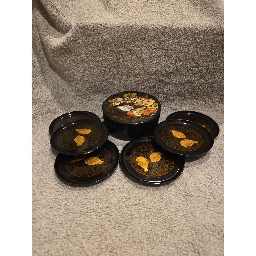 Vintage Otagiri Laquerware‎ Coaster Set Of 6 Quail Birds Floral Gold Black Japan